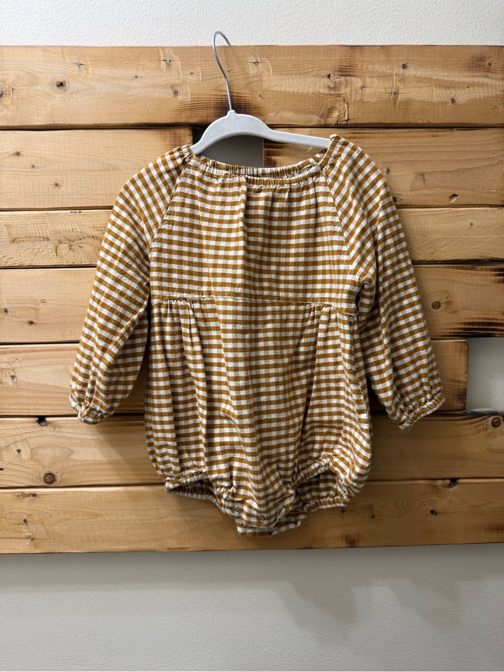 Rylee + Cru Mustard and White Gingham Bubble Romper